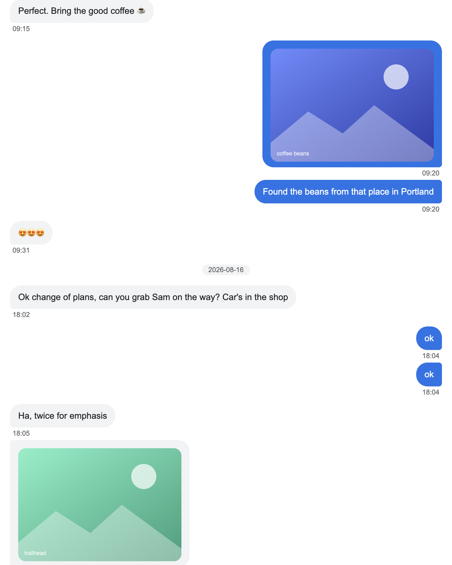 conversation_view.html opened in a browser: a chat thread with blue and grey bubbles, day dividers, inline photos, and one message marked “deleted on phone”.