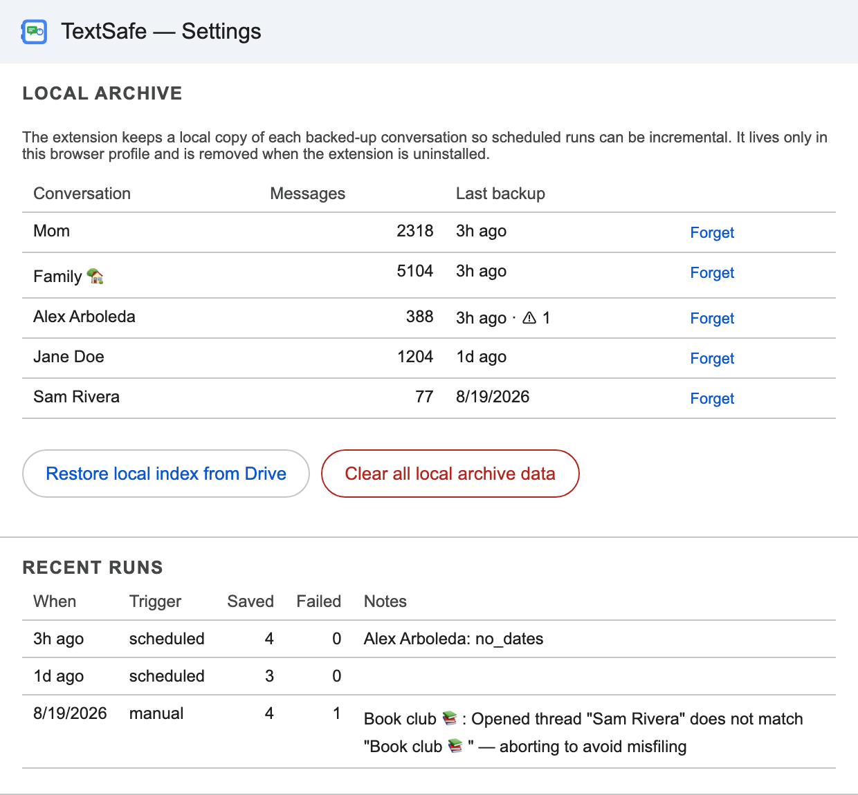 The Local archive section of TextSafe settings: a table of backed-up conversations with message counts, last-backup times and Forget buttons, Restore and Clear buttons, and a Recent runs table.