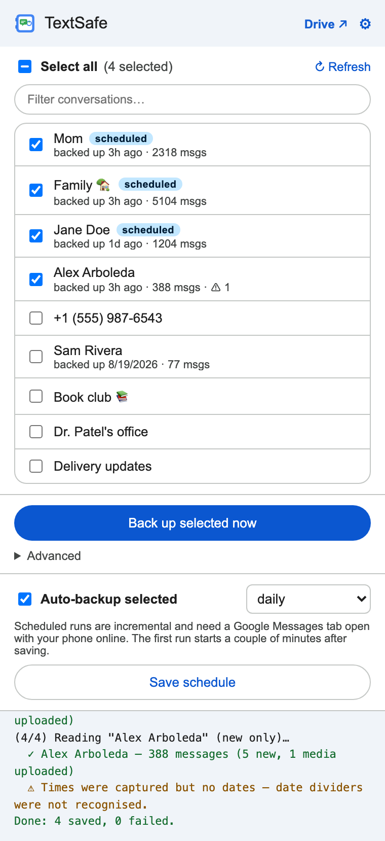 The TextSafe popup after a scheduled run: conversations with “scheduled” badges and last-backup times, and a log ending in “Done: 4 saved, 0 failed.”