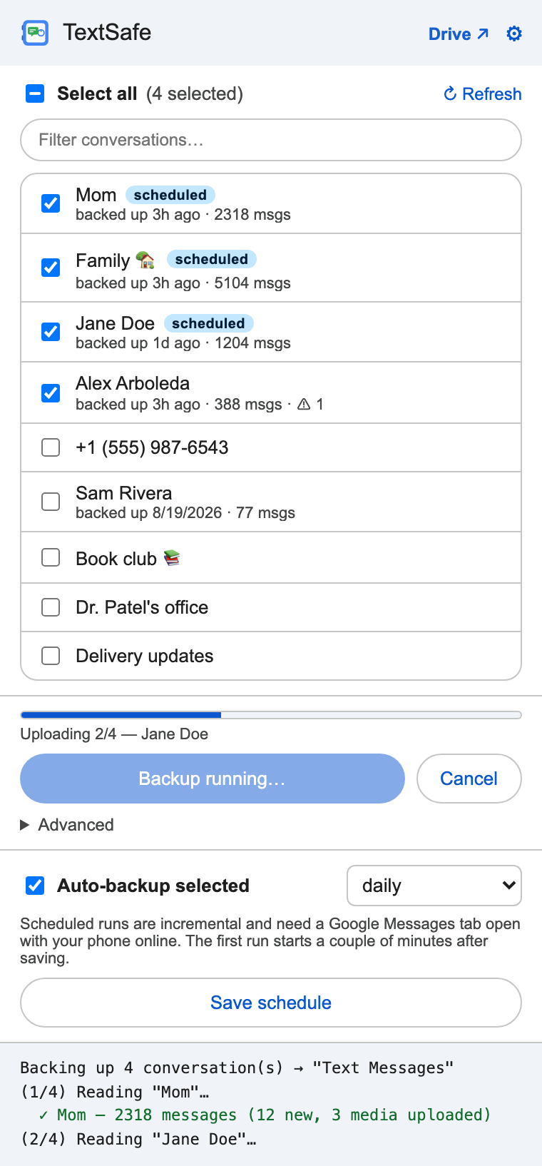 The TextSafe popup during a backup: four conversations selected, a progress bar reading “Uploading 2/4 — Jane Doe”, and a live log.